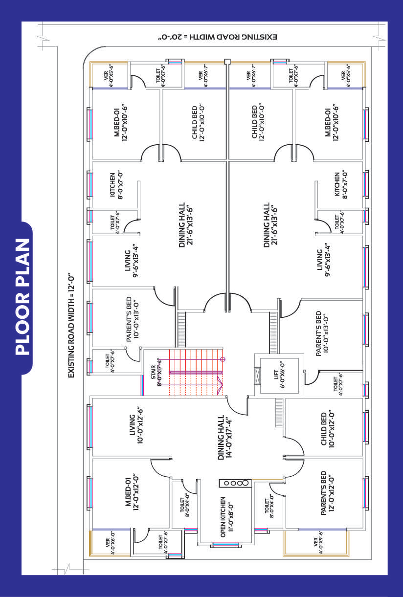 Architectural floor plan of ORTA Landmark — typical floor plate with lift and stair core, 2 BHK and 3 BHK units with room dimensions
